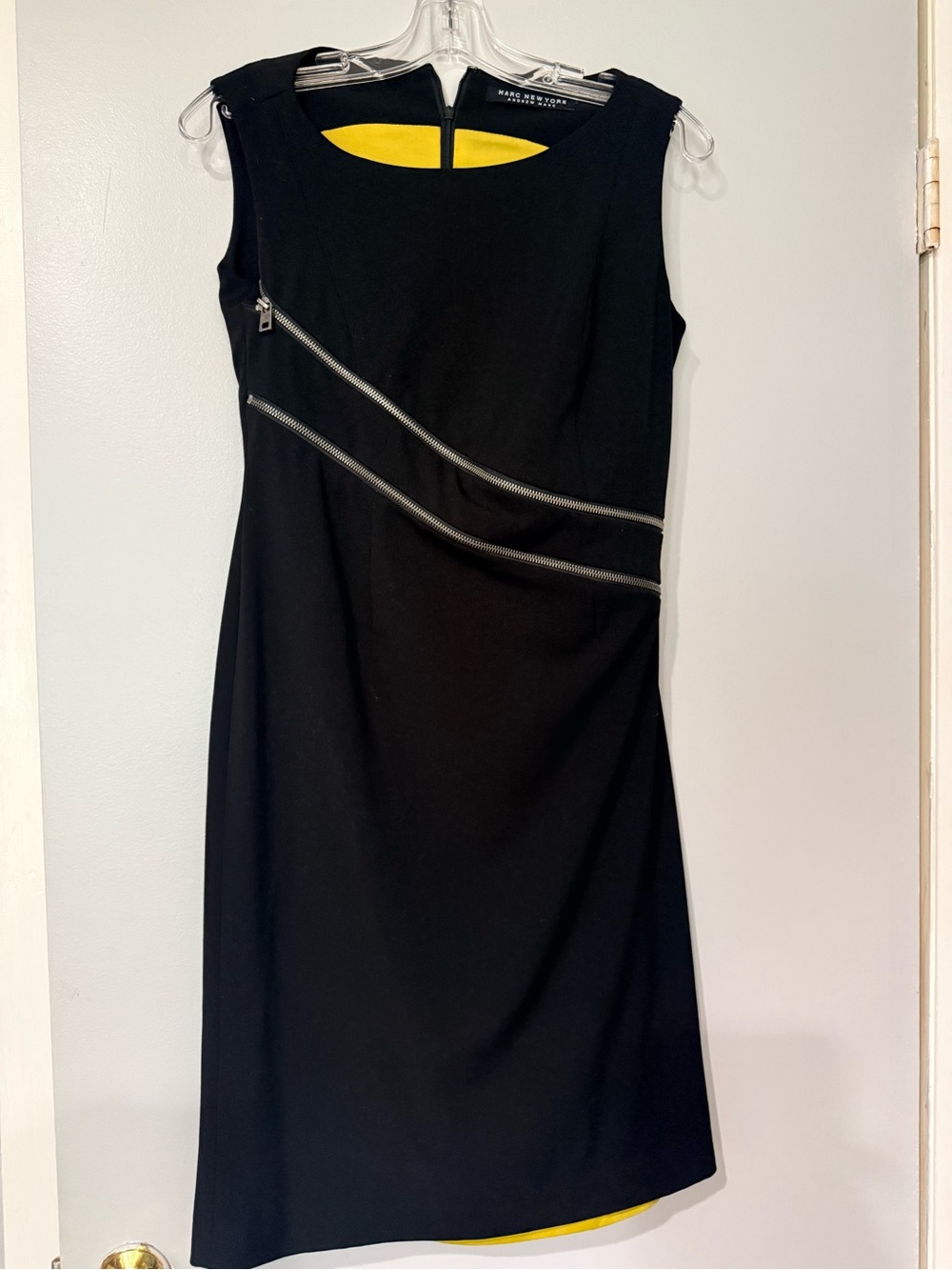 Marc New York Black Shift Dress with Yellow Lining and Silver Zippers
